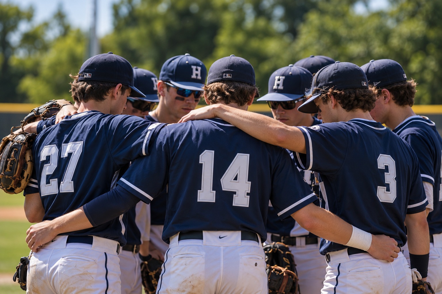 Baseball team gathering on the field